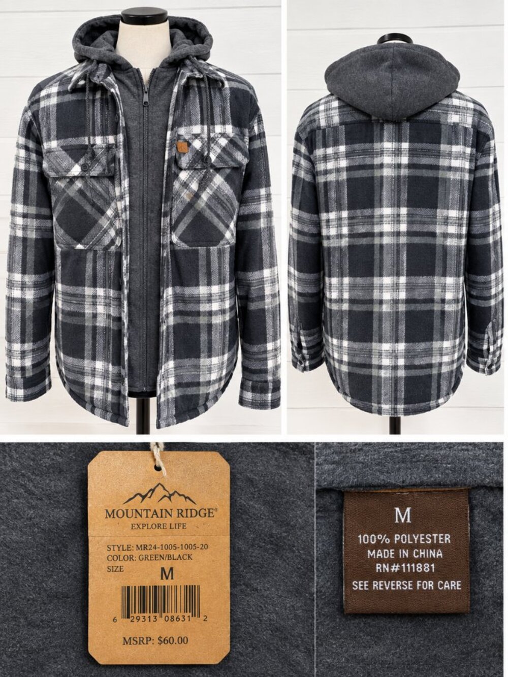 NWT Mountain Ridge Men’s Hooded Plaid Shacket Jacket Gray Black Green Size M